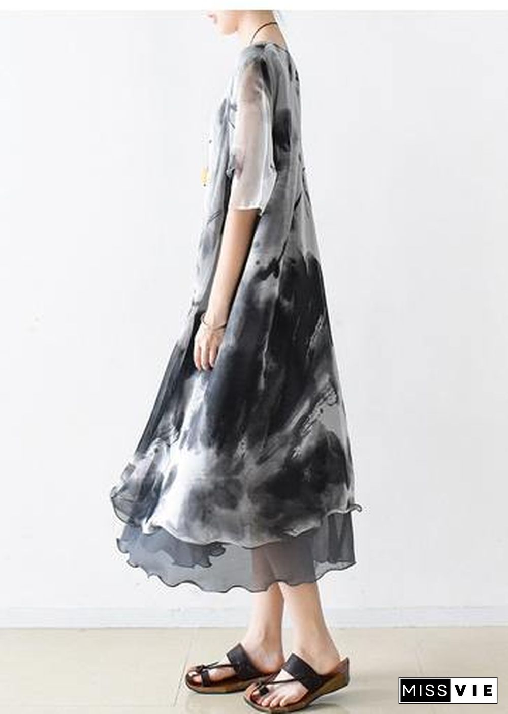 Italian gray print chiffon clothes For Women plus size Fashion Ideas o neck pockets Summer Dress