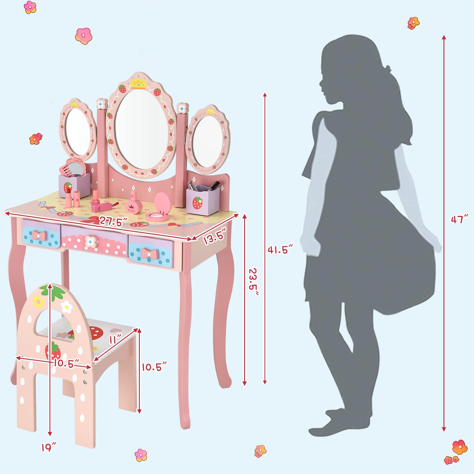 Costzon Kids Vanity Table & Chair Set, 2 in 1 Princess Makeup Dressing Table w/Detachable Top