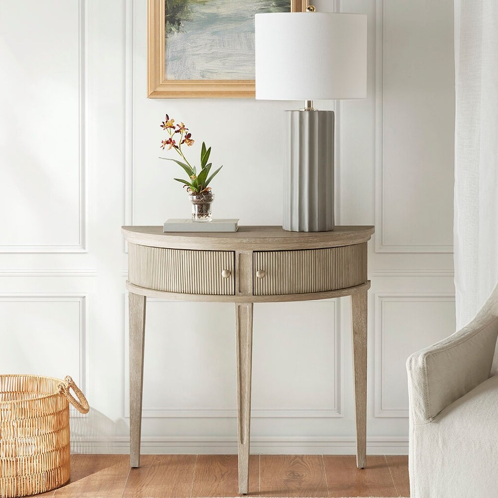 Vintage Half Moon Console Table with Fluted Textured Details Storages and Bronze Knobs for Livingroom  Hallway