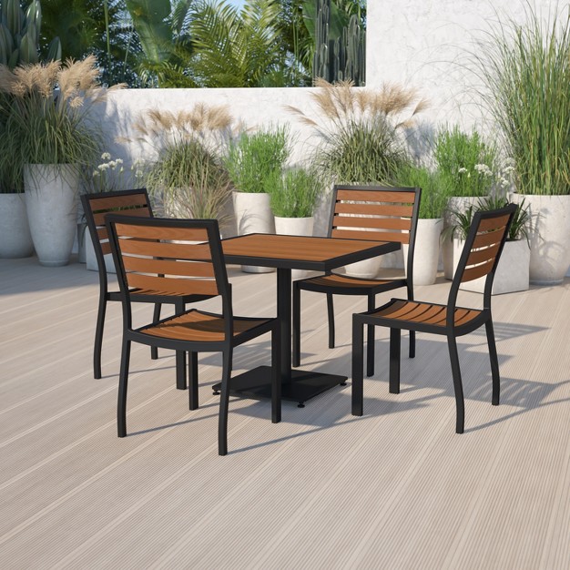 Emma And Oliver Outdoor Patio Bistro Dining Table Set With 4 Chairs And Faux Teak Poly Slats