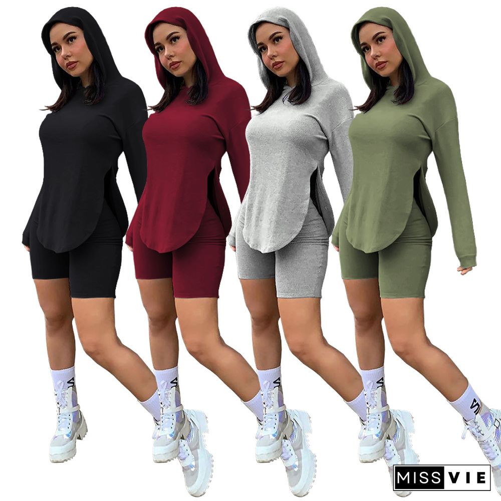 Solid Casual Women Side Slit Long Sleeve Hoodies Top Biker Shorts Joggers Autumn 2 Piece Sets