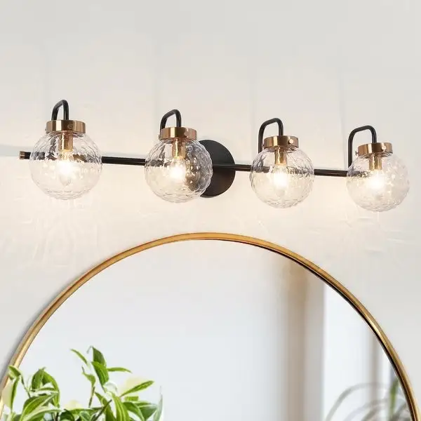 Mid-Century Modern Black Gold 4-Light Bathroom Vanity Lights Globe Glass Wall Sconces