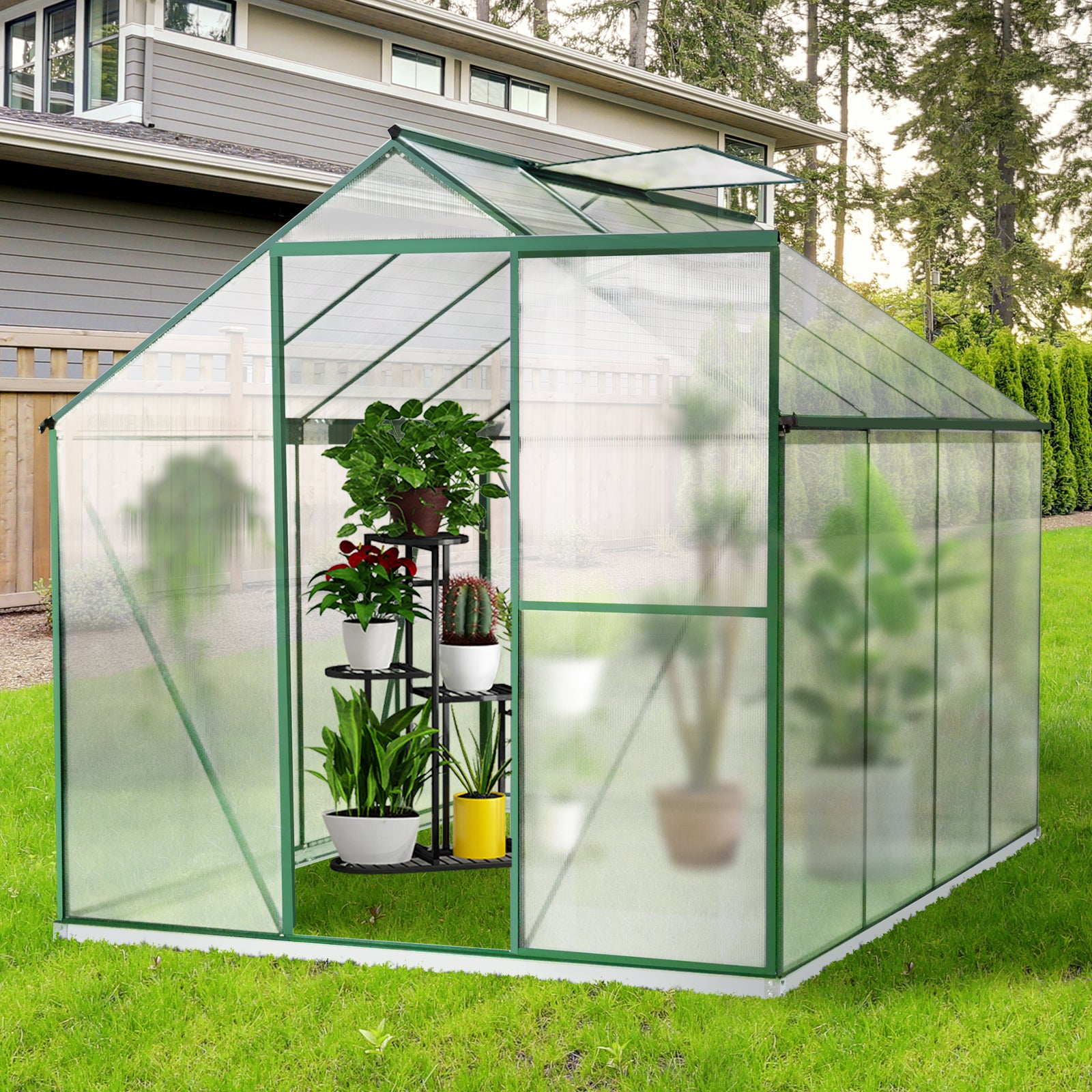 JULY'S SONG Greenhouse,6'x 8' Heavy Duty Polycarbonate Walk-in Plant Garden Greenhouse with Window for Winter,Windproof Gardening Green House Kit for Backyard/Outdoor Use