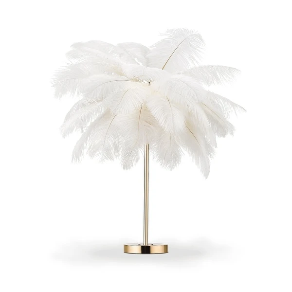 Gold and White Feather Tripod Table Lamp With Bulb