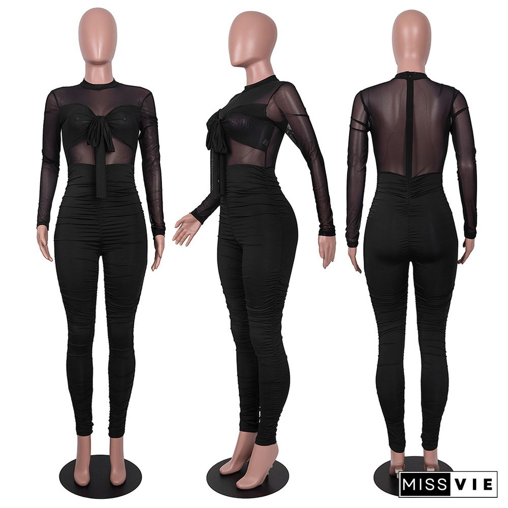 Solid Color Sexy Stitching Straps Long-sleeved Jumpsuit