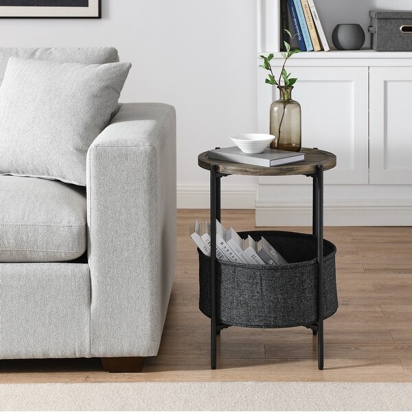 Modern Accent End Table with Storage Basket，Grey Cloth Bag and Brown Top （18