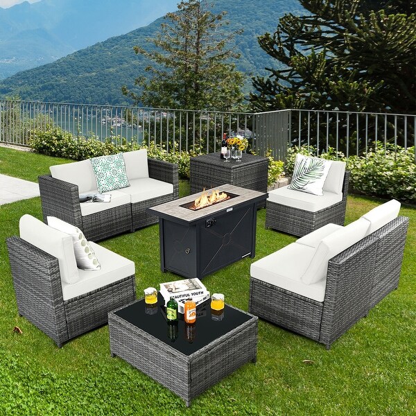 Gymax 9 PCS Patio Rattan Furniture Set Fire Pit Table Storage Black W/