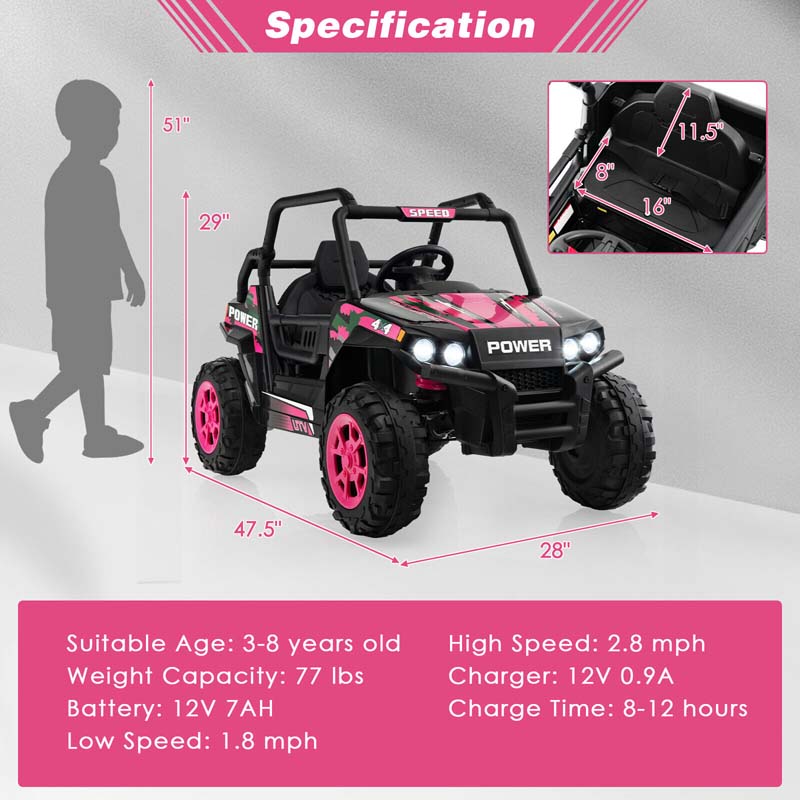 12V Kids Ride On UTV Battery Powered Electric Off-Road Buggy with Remote Control, LED Headlights & Music