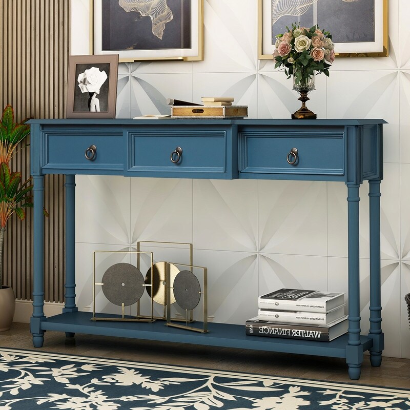 Rustic Solid Wood Console Table with Projecting Drawers and Long Shelf