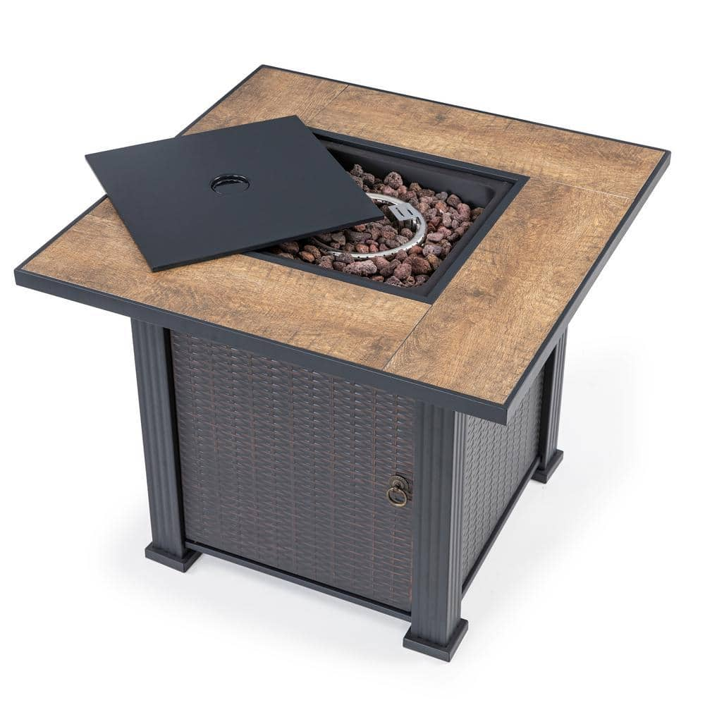 Nuu Garden 40000 BTU 30 in x 24 in Square Wickerlike Iron Propane Gas Fire Pit Table with Cover Ceramic Top and Lava Rocks