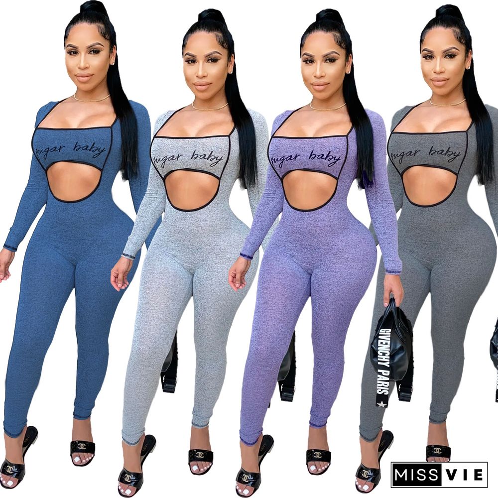 Women Long Sleeve Hole Out Bodycon Casual Jogging Jumpsuit