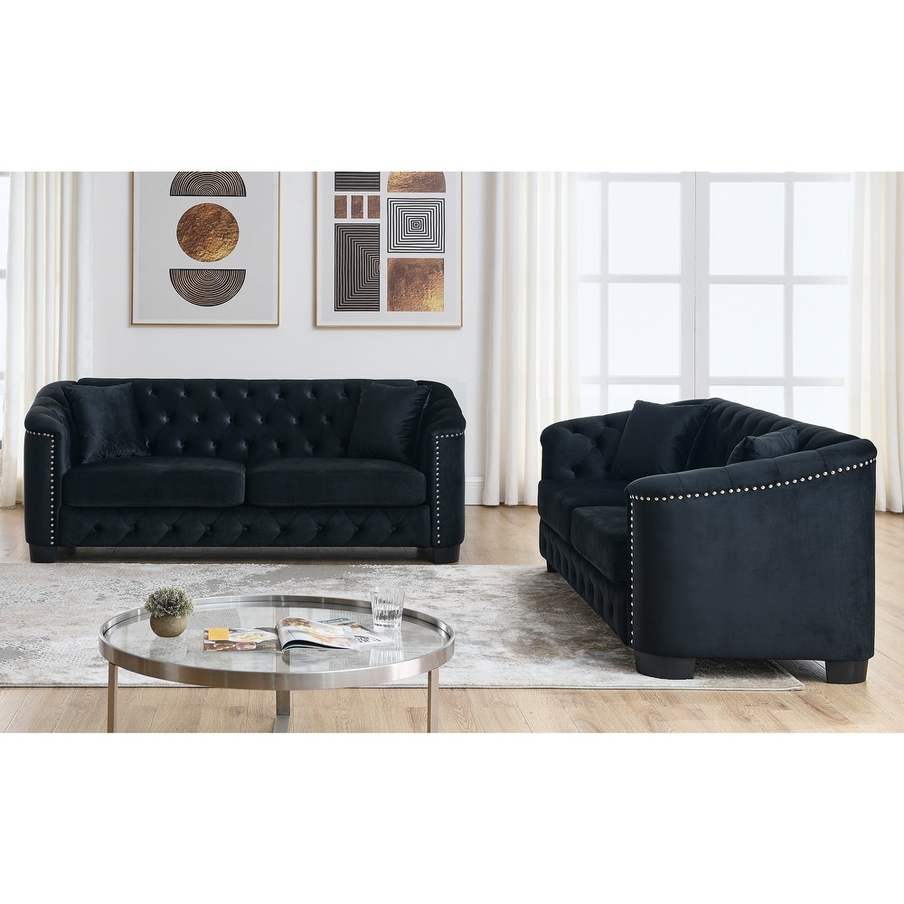 Black Modern Velvet Sofa Set with Pillows (3 Seater * 2)