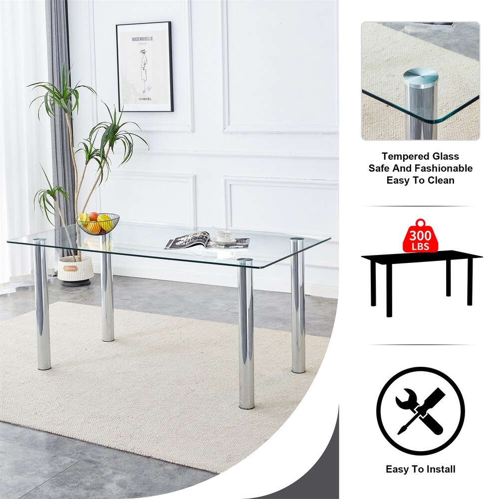 Rectangular Glass Dining Table  Modern Clear Tempered Glass Table with Metal Tube Legs (51x31\