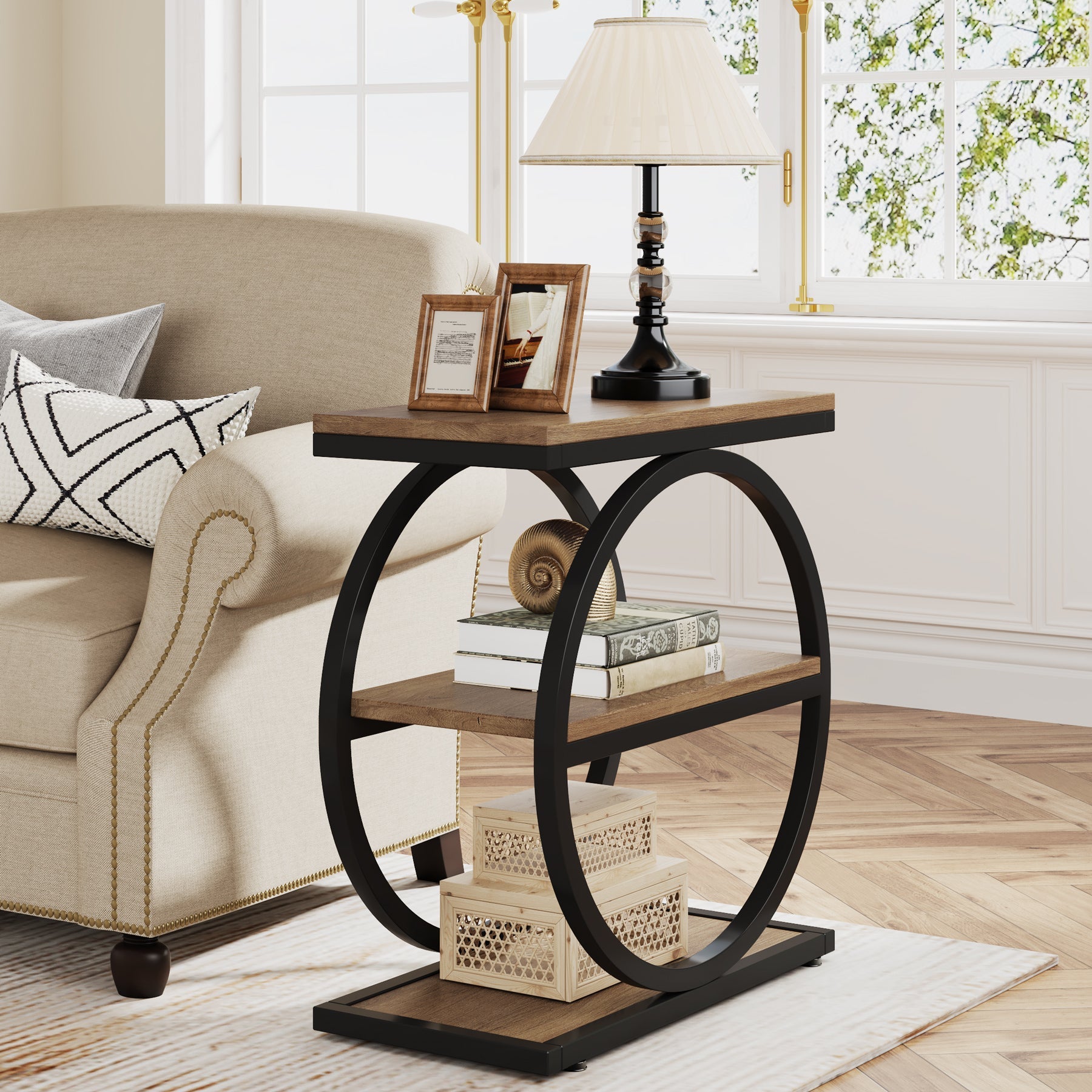 3-Tier End Table, Industrial Sofa Side Table with Round Metal Frame