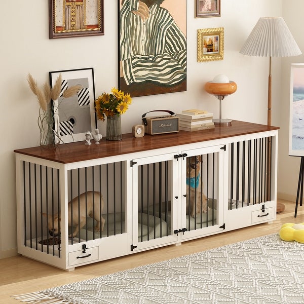 Modern White and Walnut Dog Crate Furniture - Versatile and Stylish - 86.6