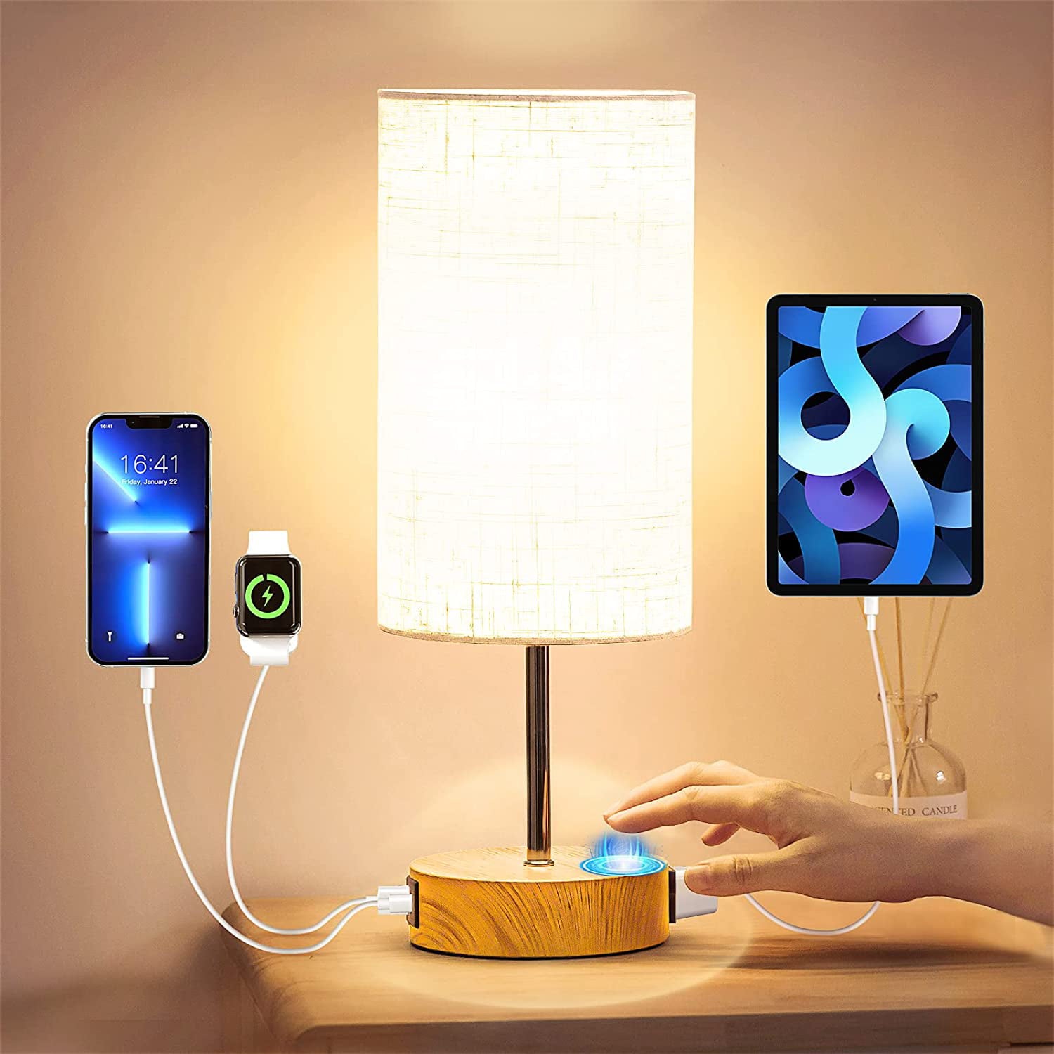 Koncle Bedside Lamp Touch Control Table Lamp with USB A+C Charging Ports & AC Outlet 3-Way Dimmable Nightstand Lamp with Linen Fabric Shade for Bedroom Living Room(E26 Light Bulb Included)