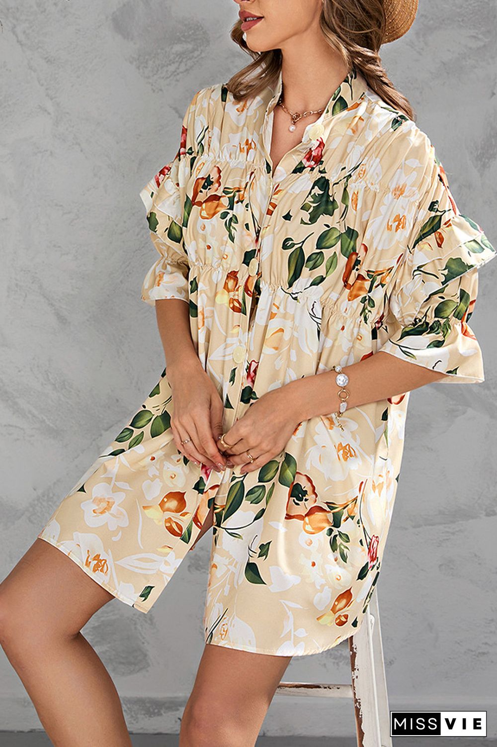 Half Sleeves Floral Button Up SHirt Dress