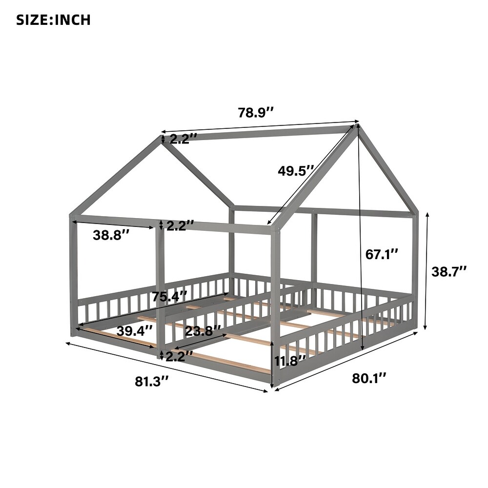 Pine Wood House Platform Beds  Two Shared Beds for Kids  Solid Wood Slats Support  Cozy Bedroom Furniture  Twin Size