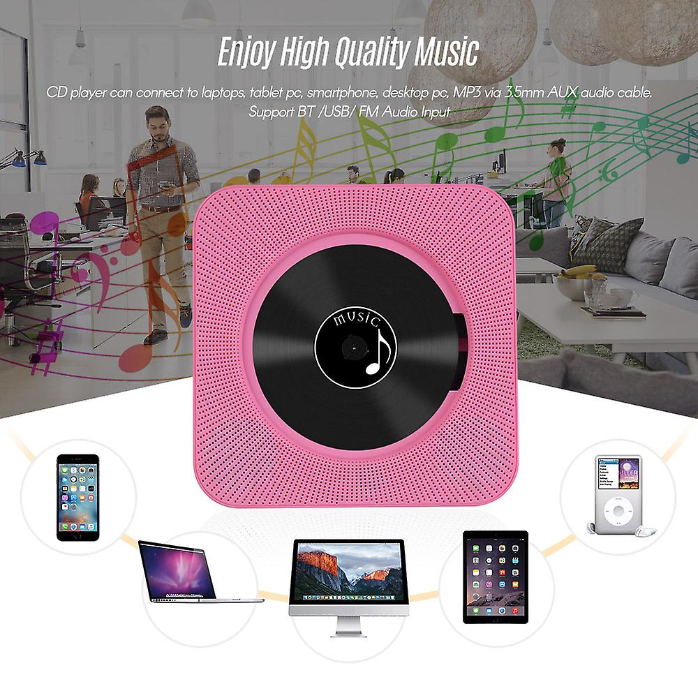 Portable Wall Mounted Cd Player Music Amplifier Audio Boombox With Remote Control Support Bt/ Usb/ Fm Modes Pink Uk Plug Pink Uk Plug