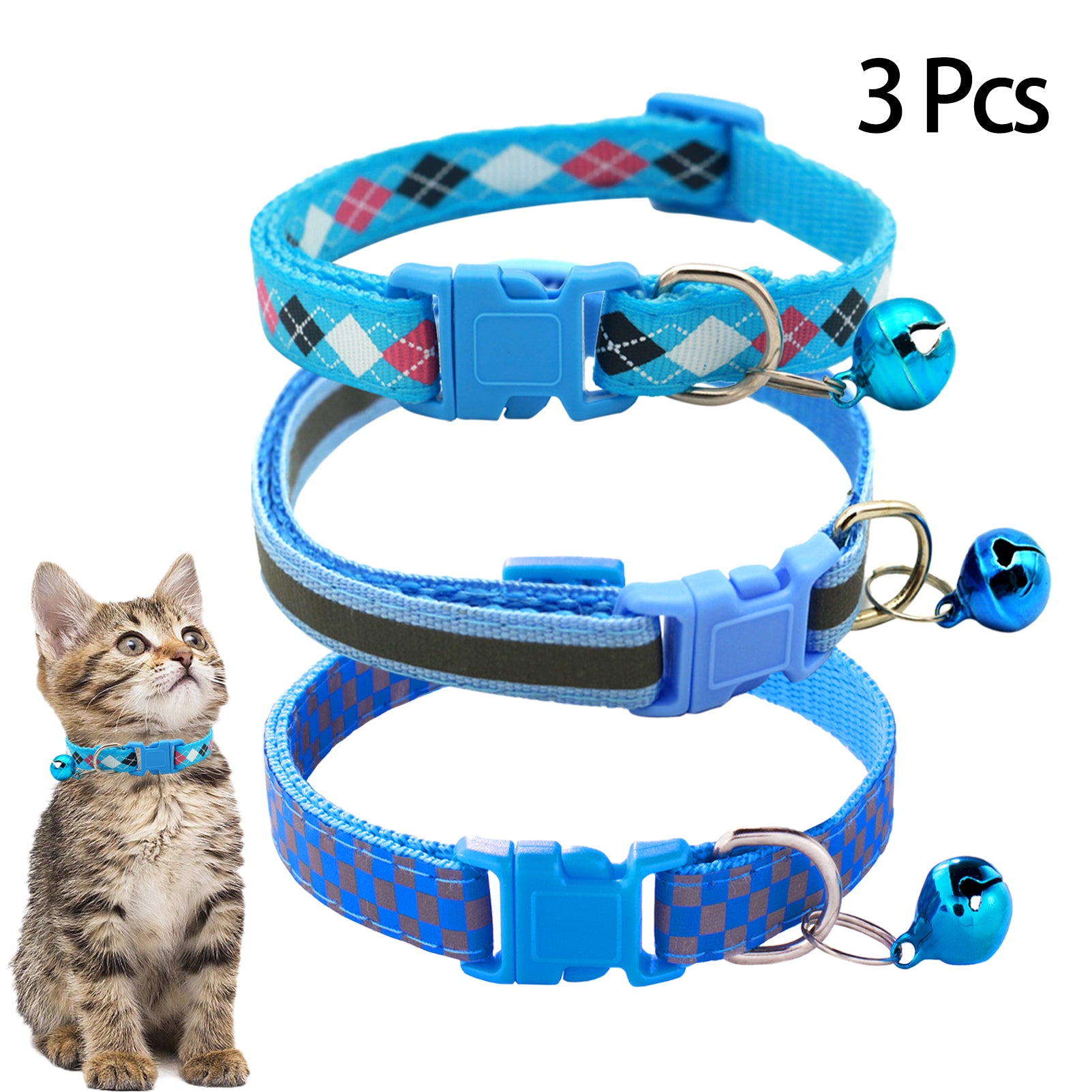 CHBORLESS 3 Pcs Nylon Reflective Cat Collar with Bell Adjustable Kitten Puppy Collars，Sky Blue