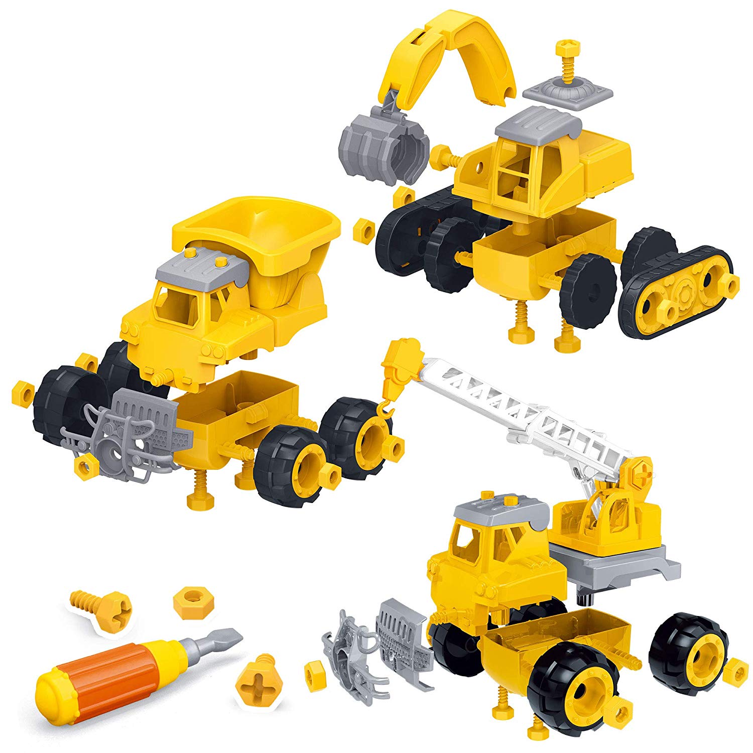 Take Apart Truck Toys for Boys and Girls， Set of 3 Construction Vehicles for Kids， Build a Dump Truck， Excavator and Crane， Take a Part Truck Toy with Drill and Tools for Toddlers 2-5 Years Old