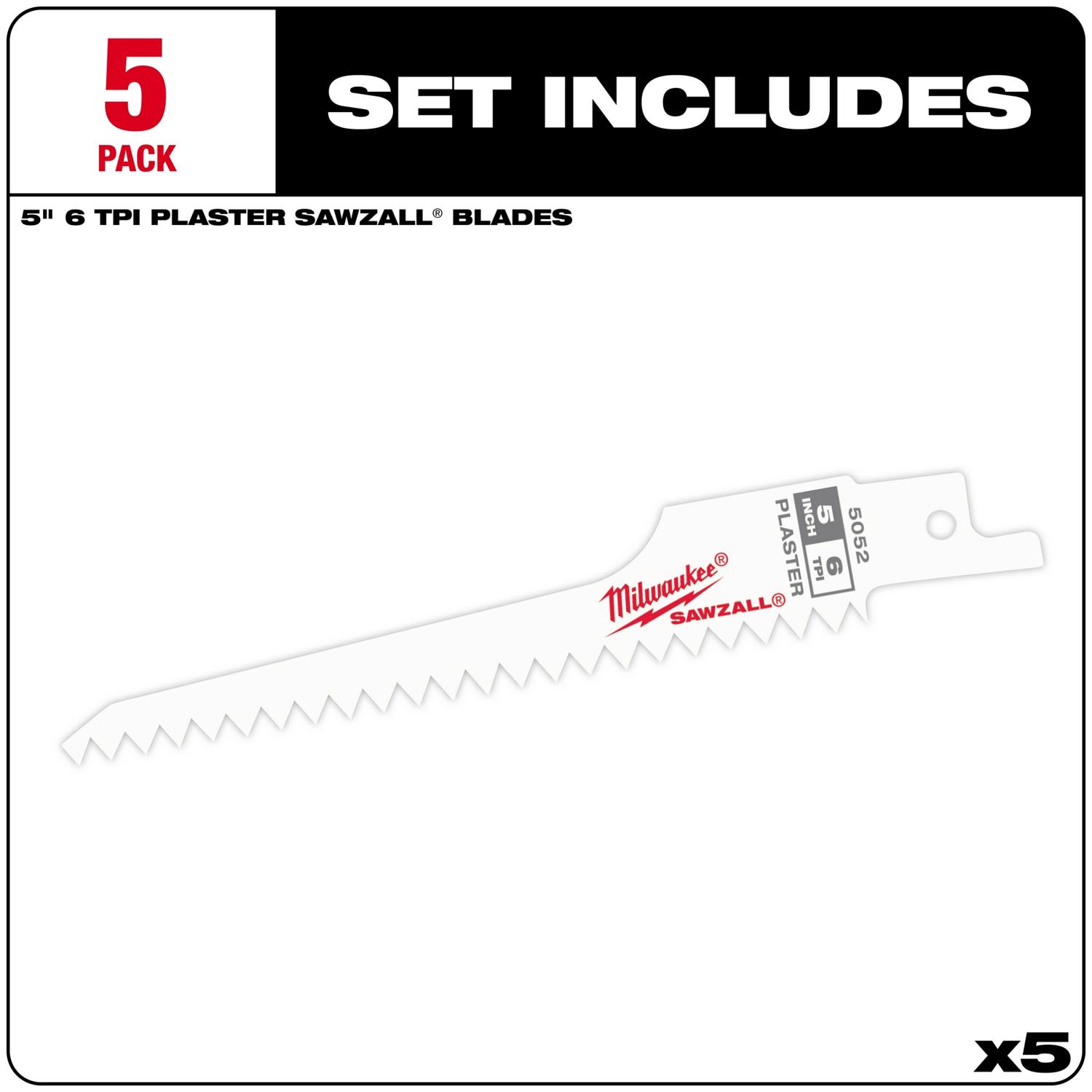 MW SAWZALL 5 in. Bi-Metal Plaster Reciprocating Saw Blade 6 TPI 5 pk