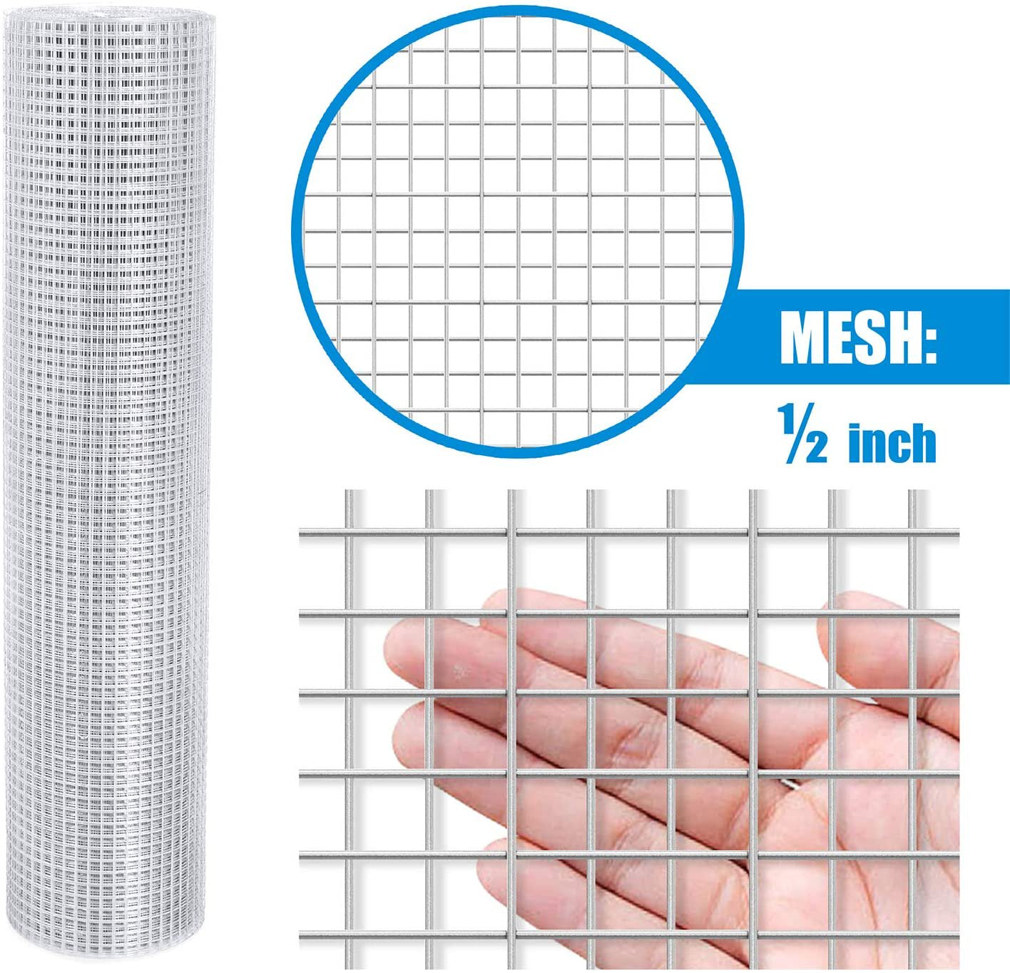 Fencer Wire Hardware Cloth, 19 Gauge with Mesh Size 1/2”, Hot-Dip Galvanized After Welding, Heavy Duty Welding Fencing for Cage Wire, Screen Doors, Tree Guards & Gutter Covers, Size Options Available