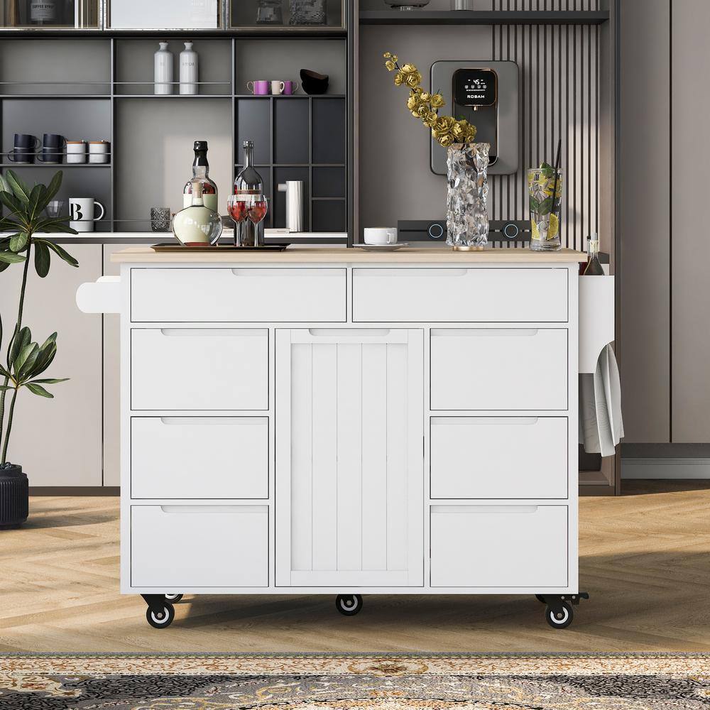 White Rubber Wood Countertop 53.1 in. W Kitchen Island on 5-Wheels with 8-Handle-Free Drawers and Flatware Organizer EC-SK000002AAW