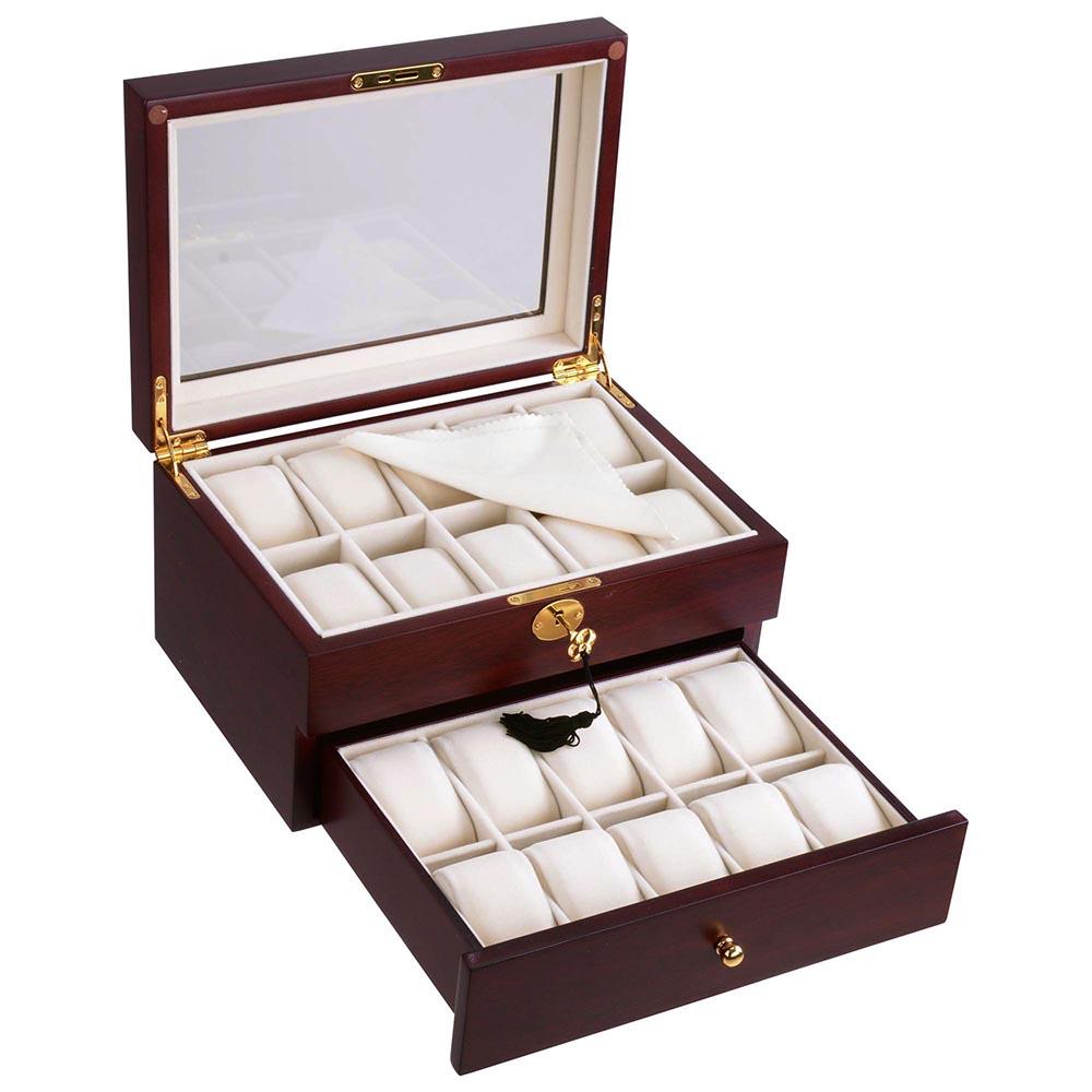 20-Slot Walnut Matte Finish Wood Watch Display Case