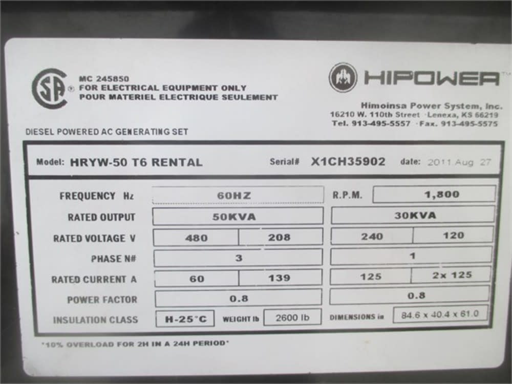 HiPower HRYW-50T6 Towable Generator 50KVA Diesel Powered 2011 Used ;