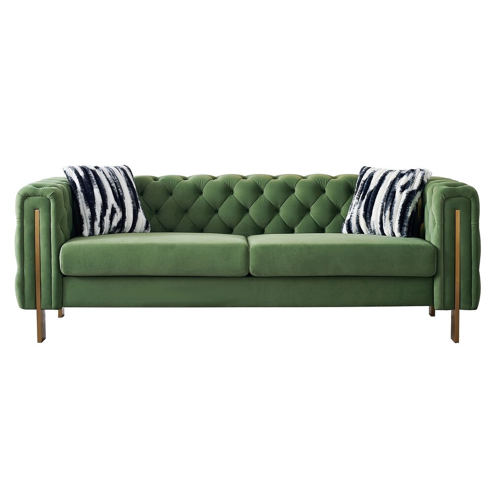 Chesterfield Velvet Tufted Sofa Couch  Leisure Living Room Furniture  3 Seater Sofa with Metal Legs and Removable Cushions