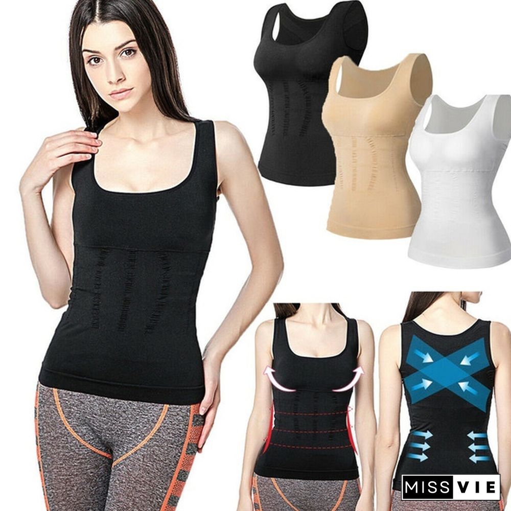 Women's Casual Cami Shaper Compression Shirt Tank Top with Padded Built in Bra Camisole Body Slimming Shapewear