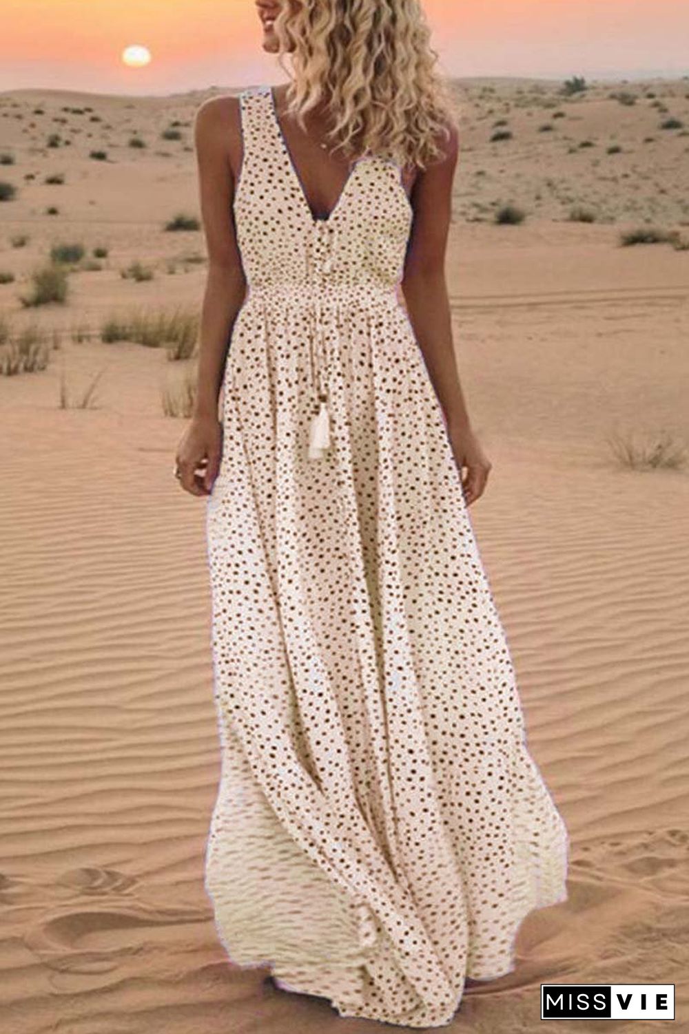 V Neck Dot Printed Floor Length Dress(3 Colors)