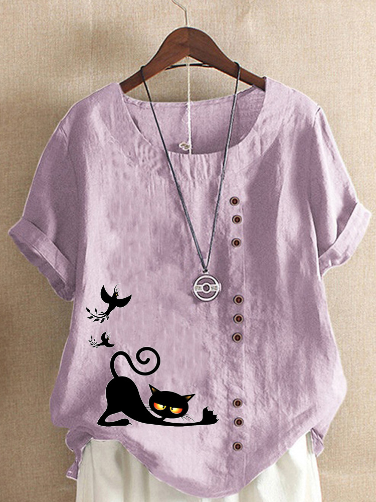 Round Neck Casual Loose Cat Print Short Sleeve Blouse