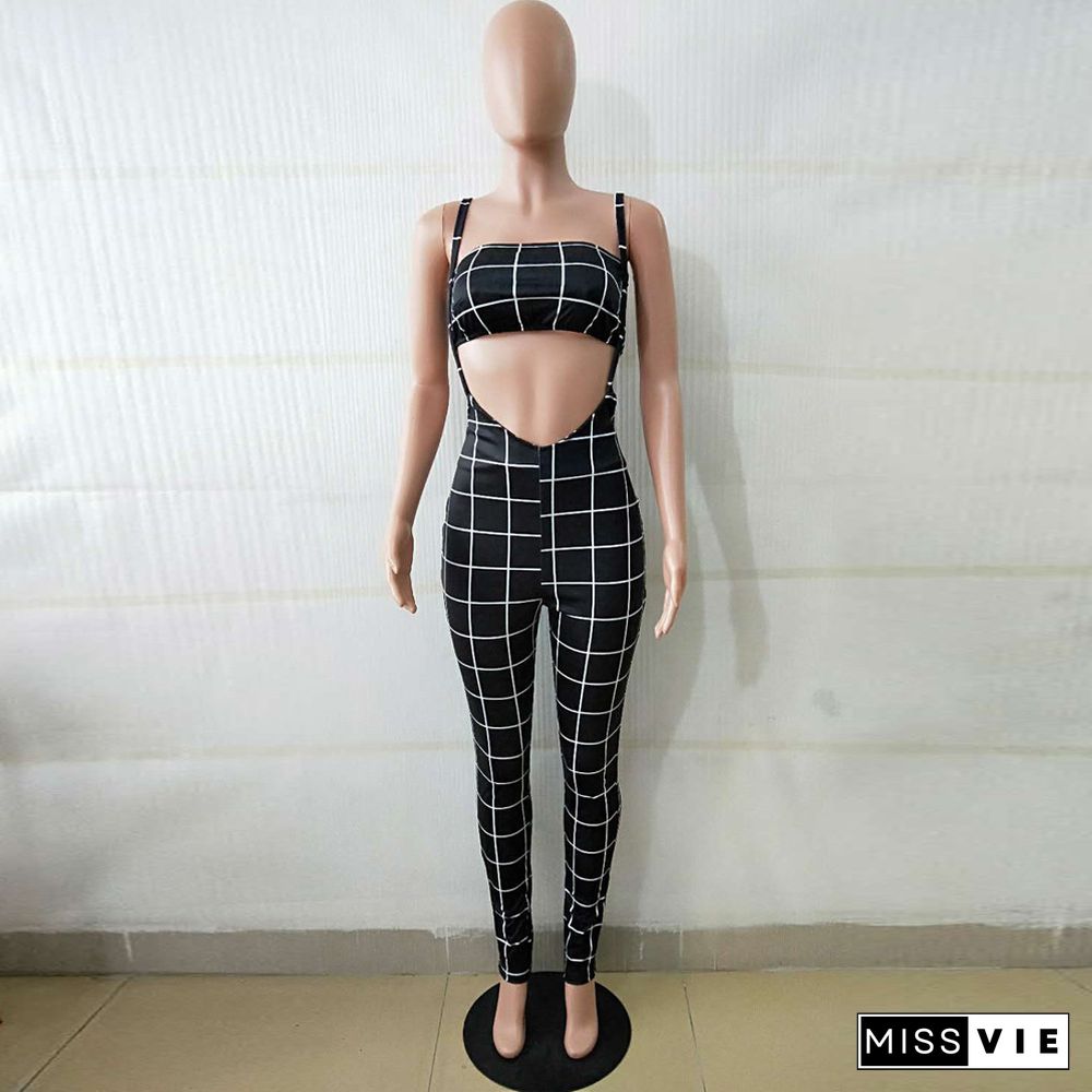 Plaid Strapless Crop Top+Skinny Jumpsuit Matching Sets