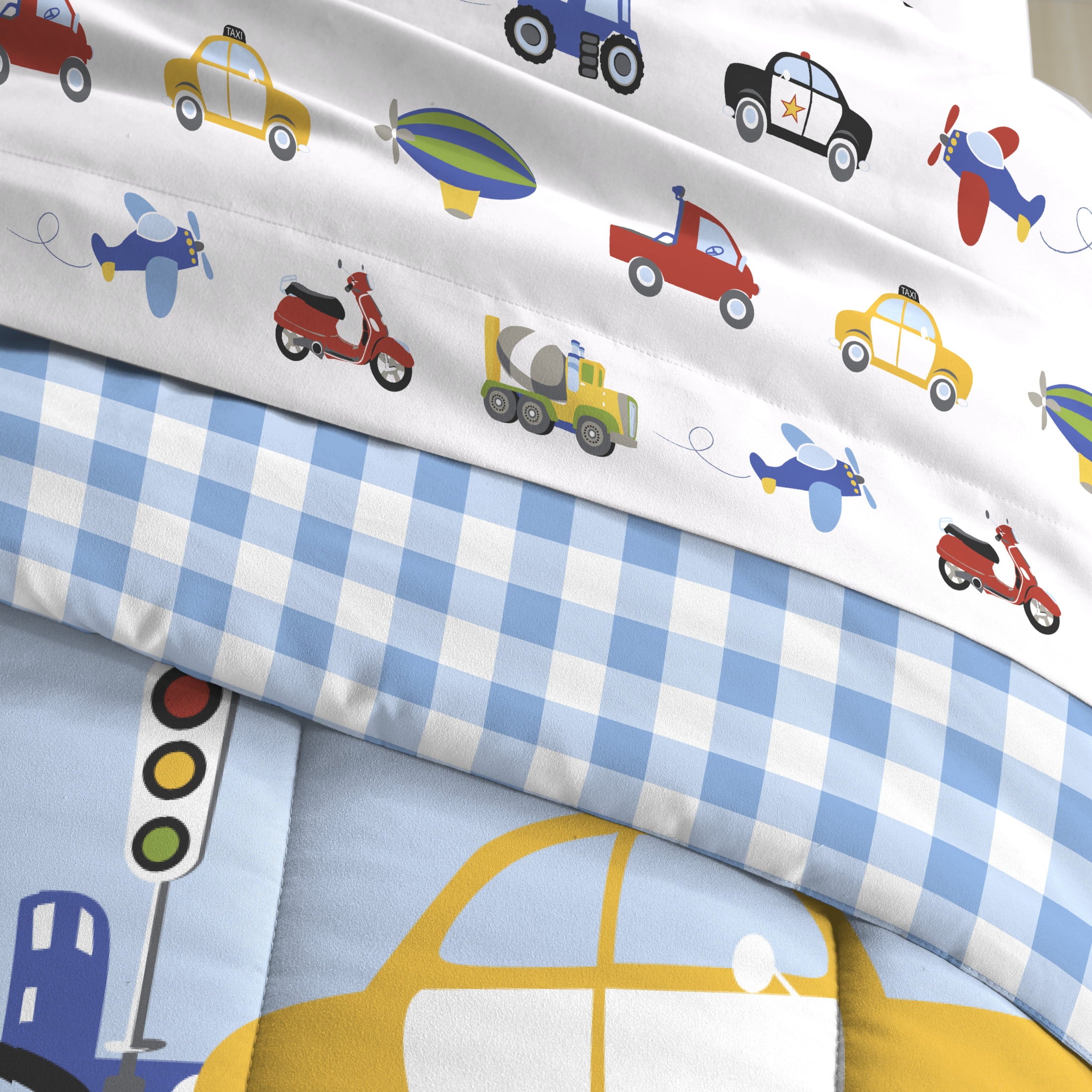 Dream Factory Trains And Truck Twin 5 Piece Comforter Set， Cotton/Polyester， Blue， Red， Yellow， Multi