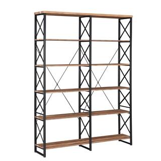 KINWELL 80 in. Brown Vintage Wood 6-Shelf Etagere Bookcase with Black Metal Frame MDBS006A