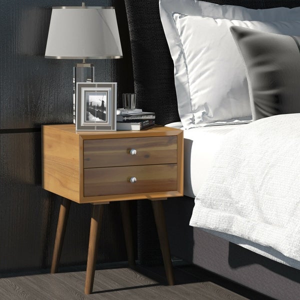 Wooden Nightstand Mid-Century End Side Table with 2 Storage Drawers-Natural - 16