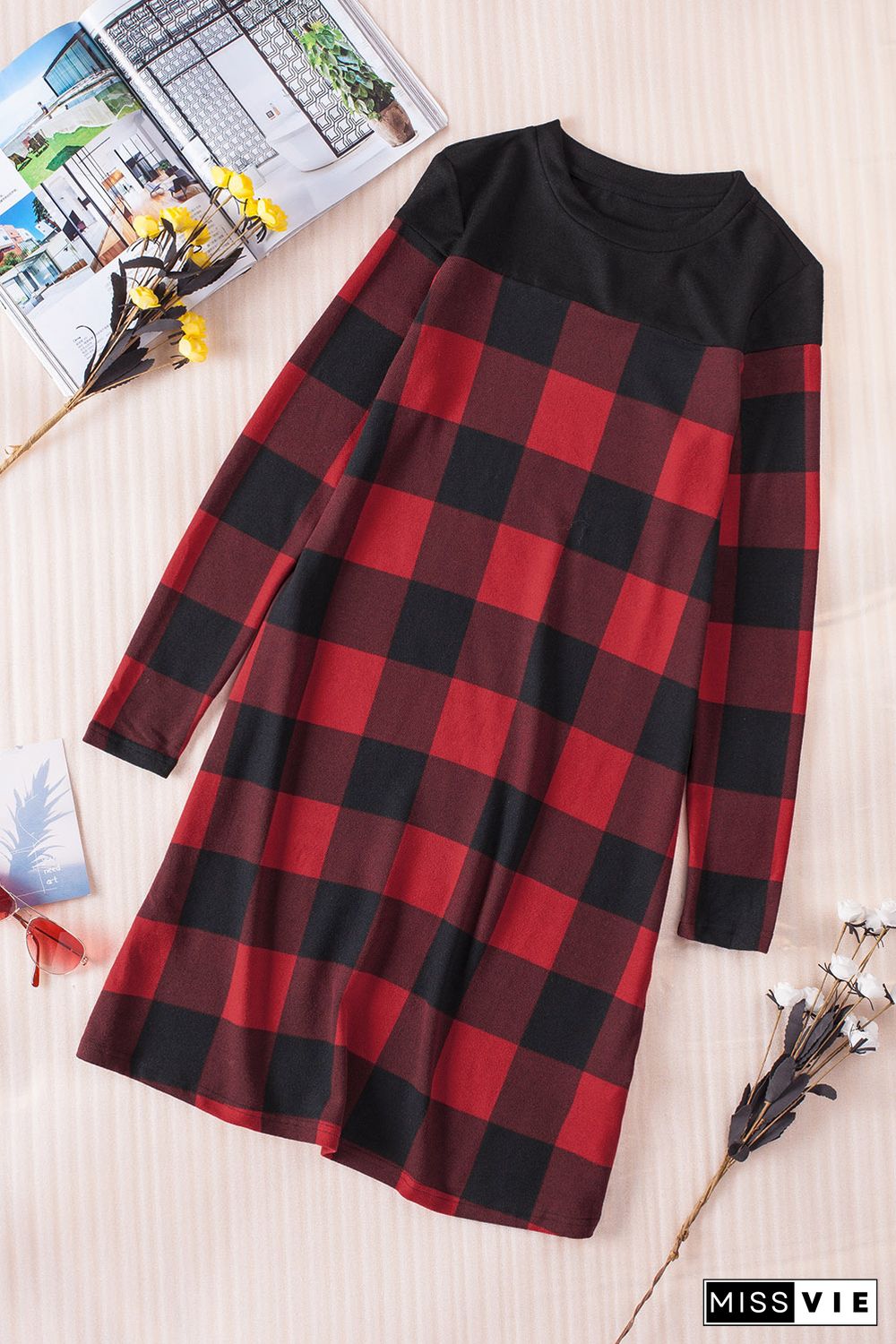 Buffalo Plaid Splicing Long Sleeve Mini Dress