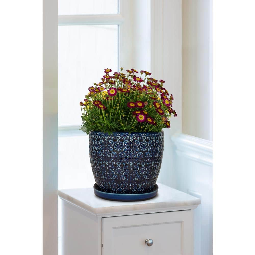 Trendspot 12 in. Dia Blue Mediterranean Bell Ceramic Planter Decorative Pots CR11403S-120A