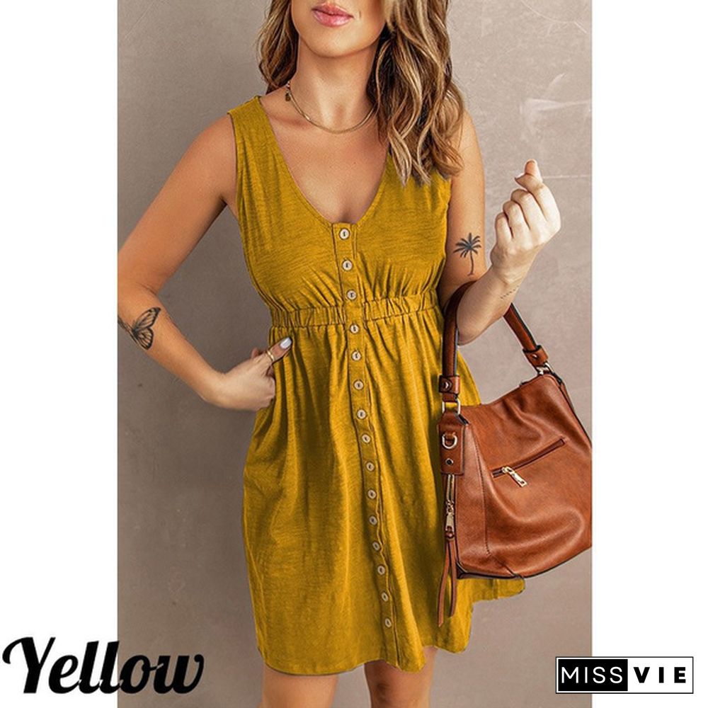 Womens Casual Sleeveless Button Down Elastic Waist Swing Loose Plain Short Dresses Plus Size Tank Tops Dresses