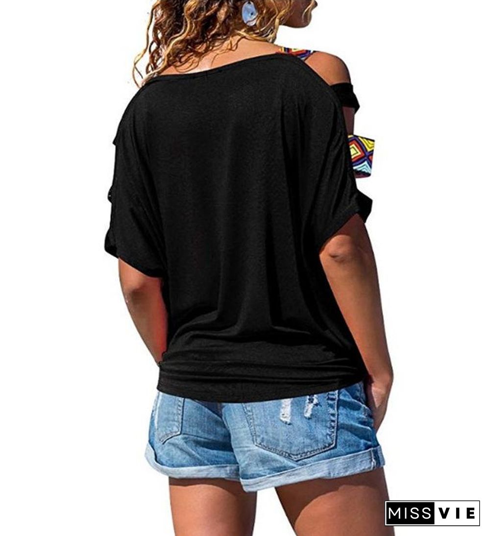 Women's Solid-colored Hollow Short-sleeved Off-the-shoulder T-shirt Top