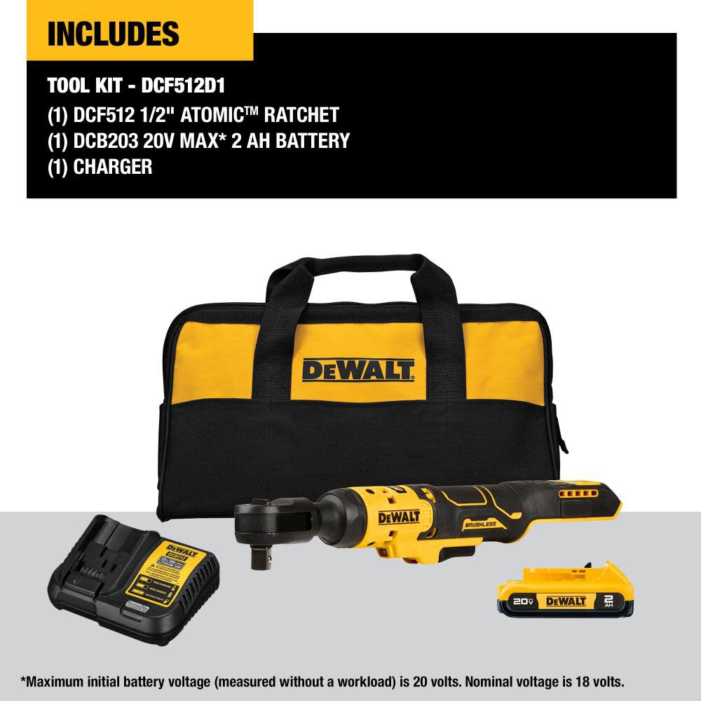 DEWALT ATOMIC 20V MAX Ratchet Brushless Kit 1/2