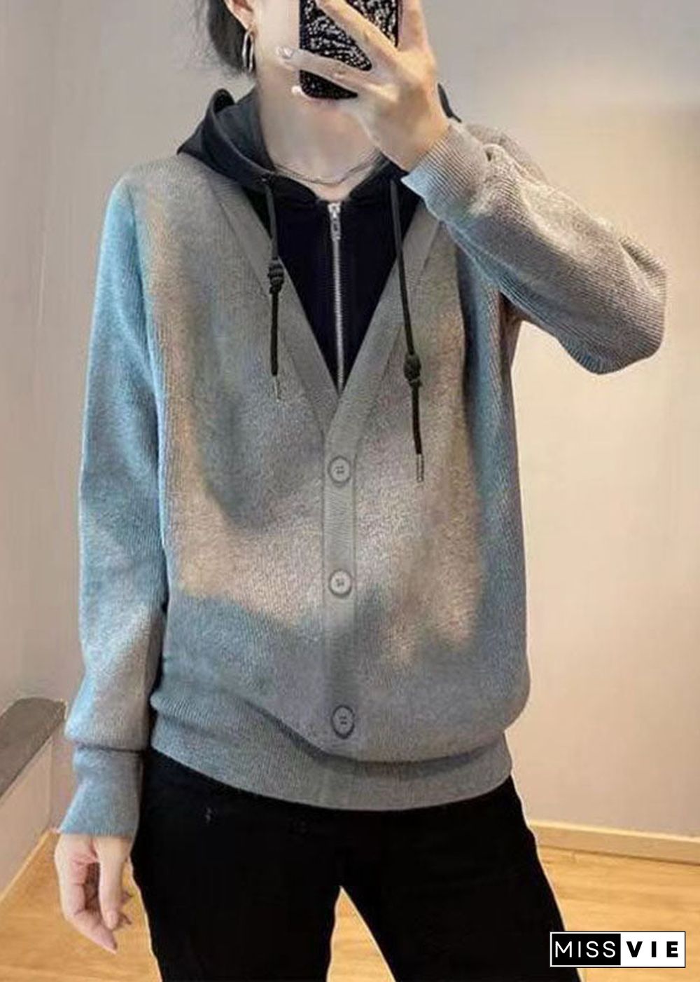 Classy Grey Patchwork Zippered Drawstring Sweatshirts Fall