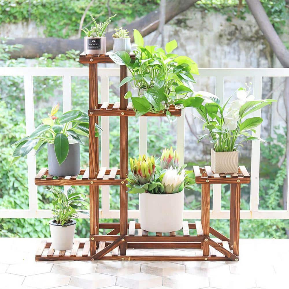 AESOME 6 Tiered Plant Stand 37.8 in. Tall Wood Large Flower Pot Holder Shelf 6 Potted Planter Display Rack for Garden Patio HJ-A