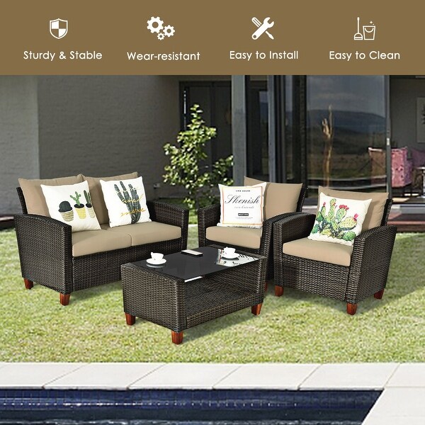 Gymax 8PCS Cushioned Rattan Conversation Set w/ Coffee Table Patio