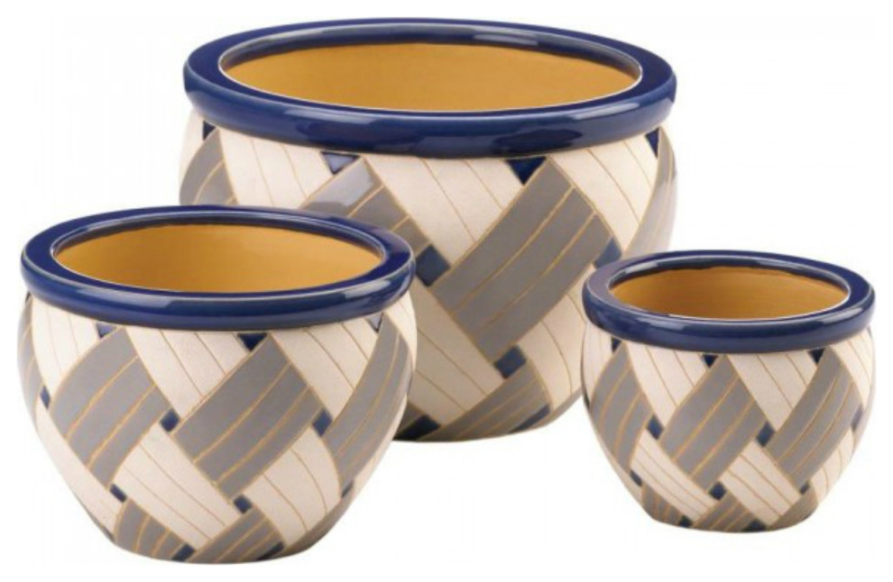 Woven Print Geometric Ceramic Planter  3 Piece Set   Contemporary   Outdoor Pots And Planters   by The House of Awareness  Houzz