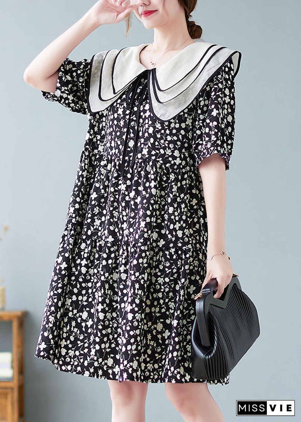 Fine Black Peter Pan Collar Wrinkled Print Patchwork Cotton Mid Dresses Summer