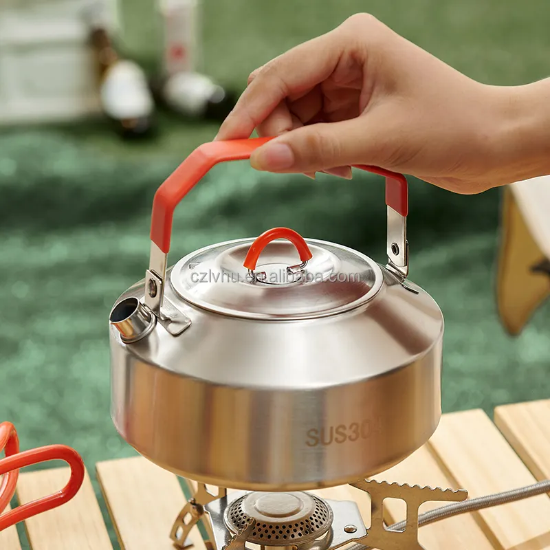 Camping Equipment Camp Hiking Cookwar Stainless Steel Stackable Kettle Pot Non Stick fry Pans Set Fordable Silicone Handle