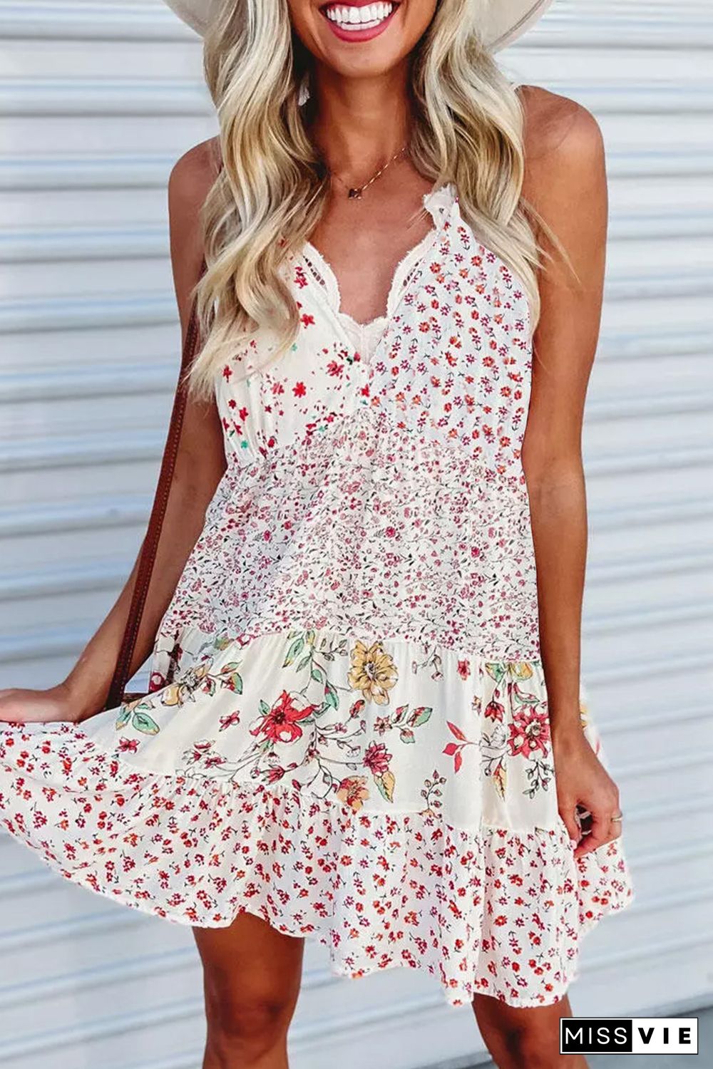 White Floral Ruffled Spaghetti Strap Mini Dress